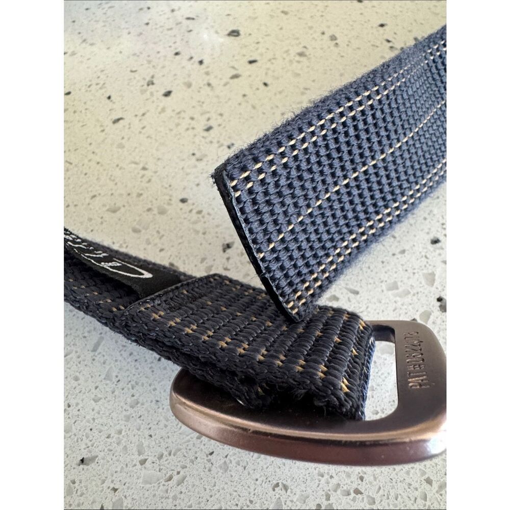 Bison Designs Tap Cap Buckle Webbed Textile Belt Blue/Tan Casual Size 38 Medium - Picture 12 of 12